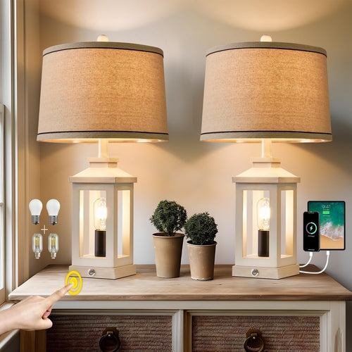 White Farmhouse Table Lamp Set With Dimmable Touch Control